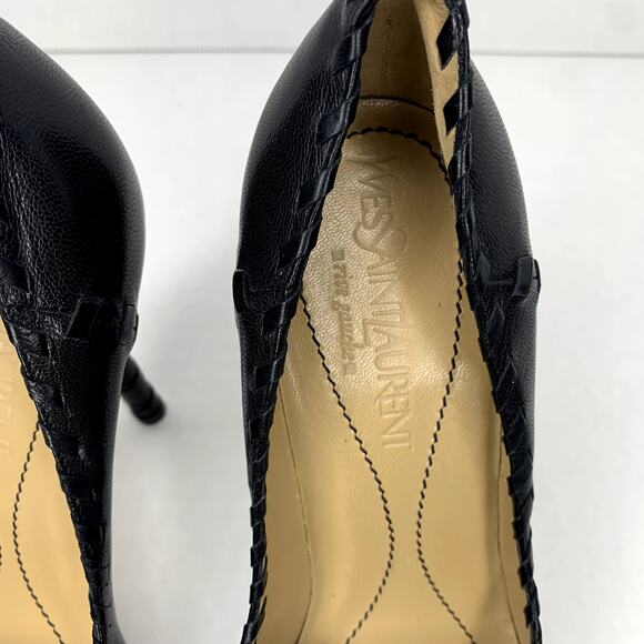 YSL rive gauche line black leather pointy pumps bow accent women's size 37.5 - Picture 4 of 9